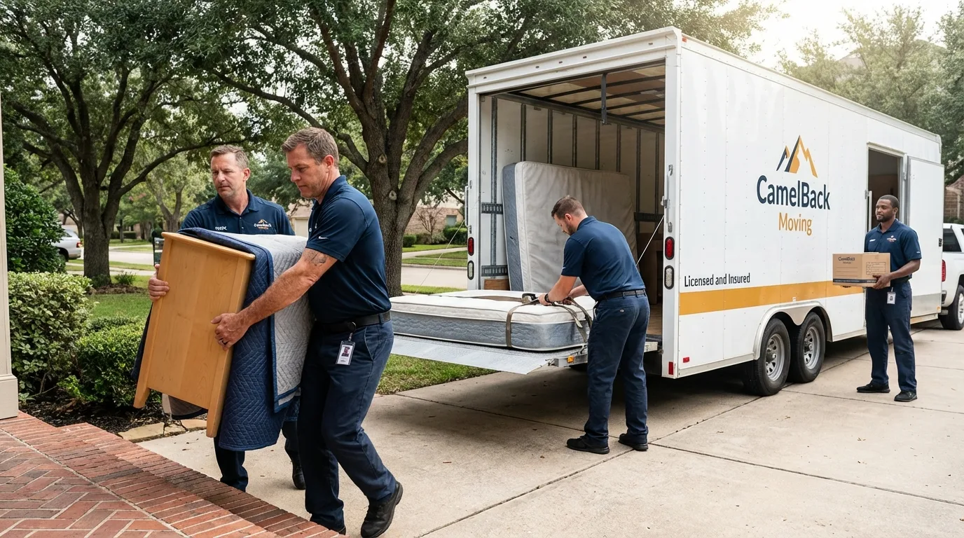 Crew loading residential truck for cross-state move from New Castle, IN
