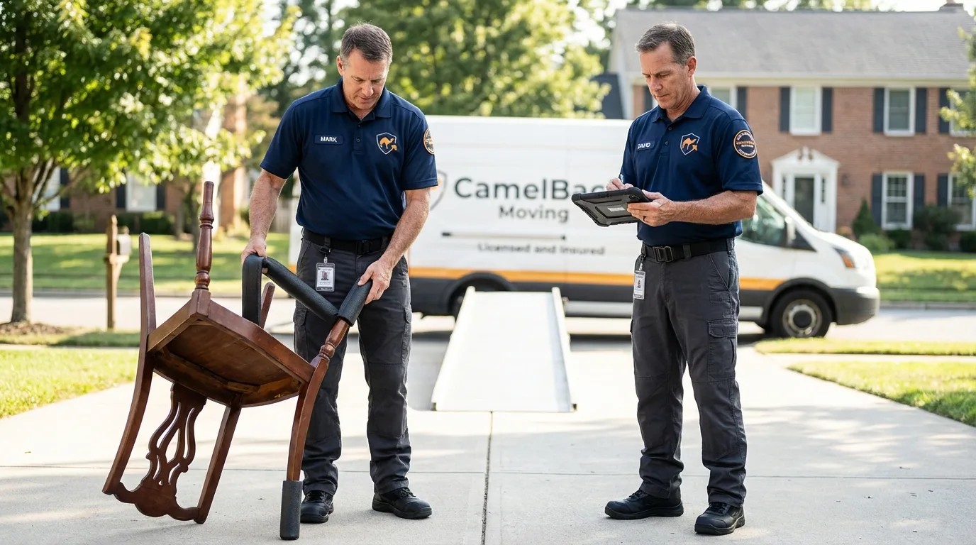 Movers inspecting furniture for damage prevention before loading in New Castle, IN