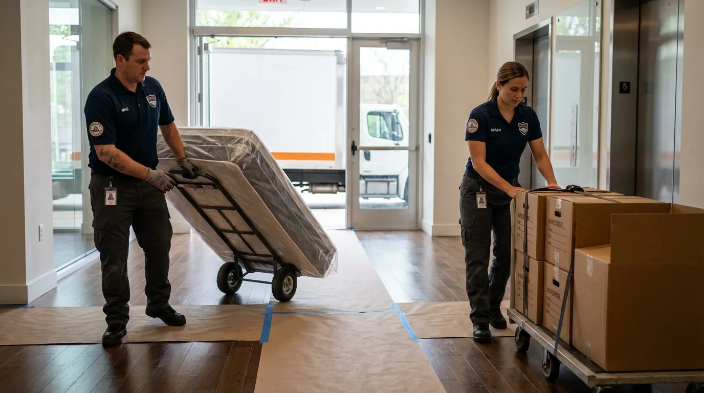 Professional apartment movers loading elevator in New Castle, IN