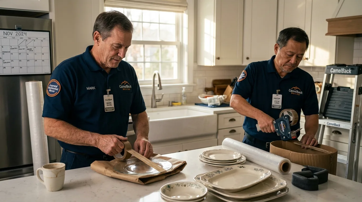 Professional crew packing kitchen dishware in New Castle, IN